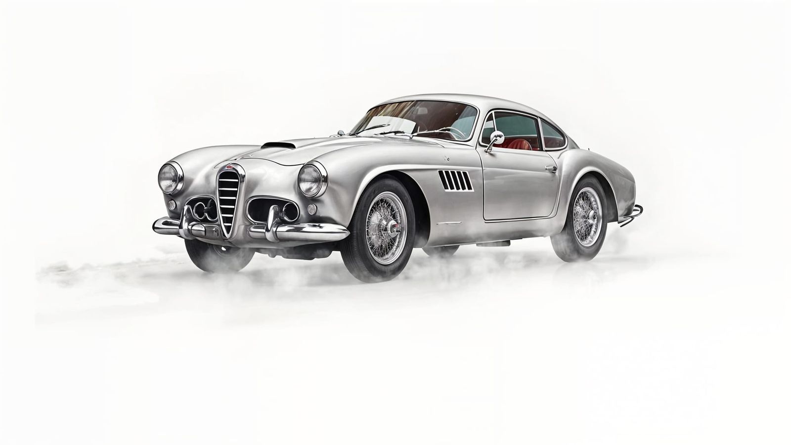 Silver 1953 Sports Car Races Through Rainy Forest