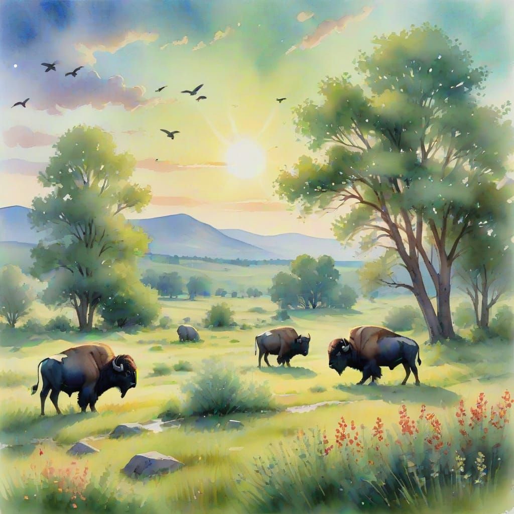 Serene Spring Landscape Watercolor with Buffalo and Birds
