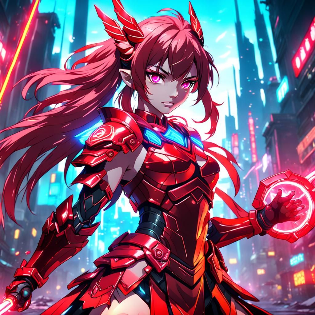Neon Ruby Warrior Anime Girl in Detailed Matte Style