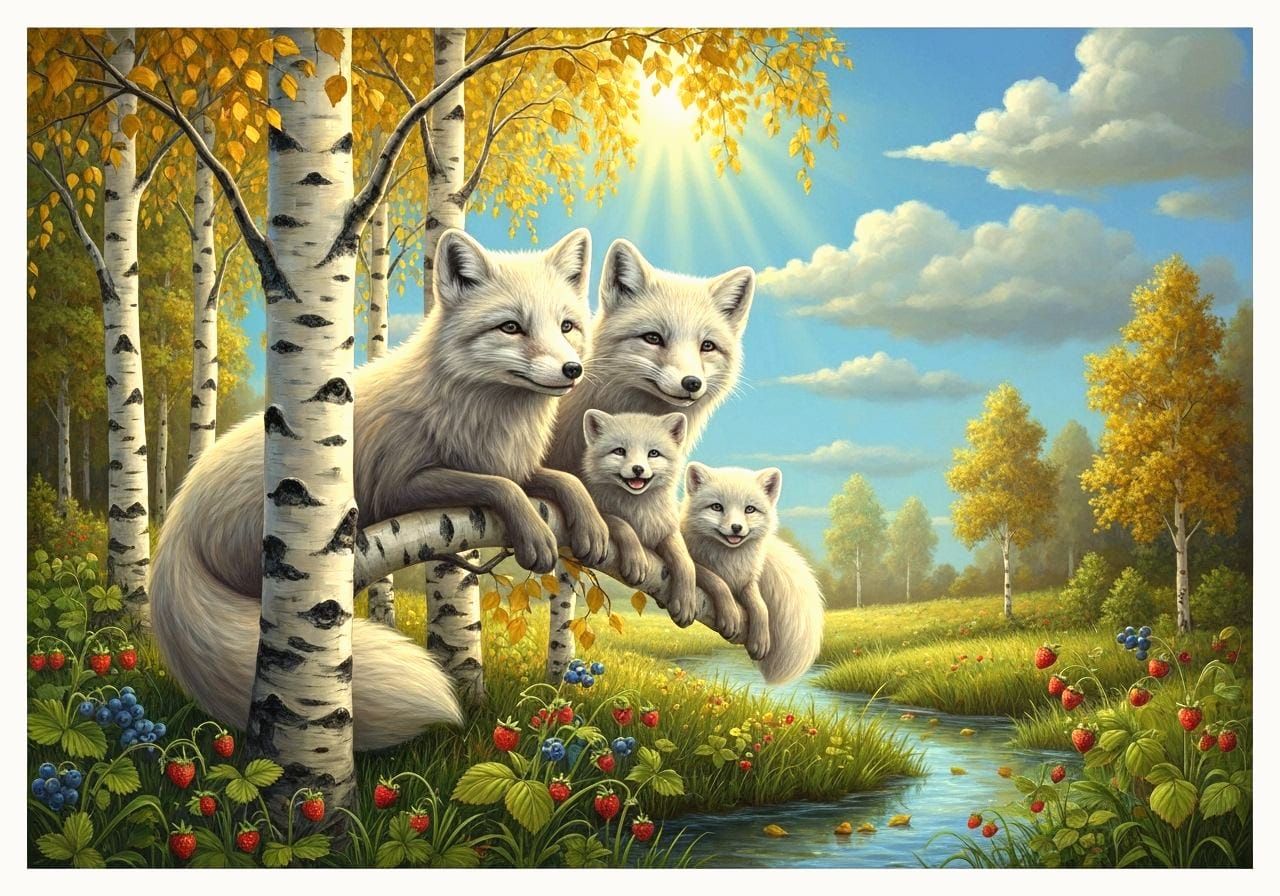 Arctic Fox Family Welcoming Spring, Oil Painting