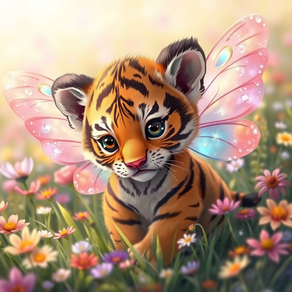 Tiger Cub with Butterfly Wings in Anime Style