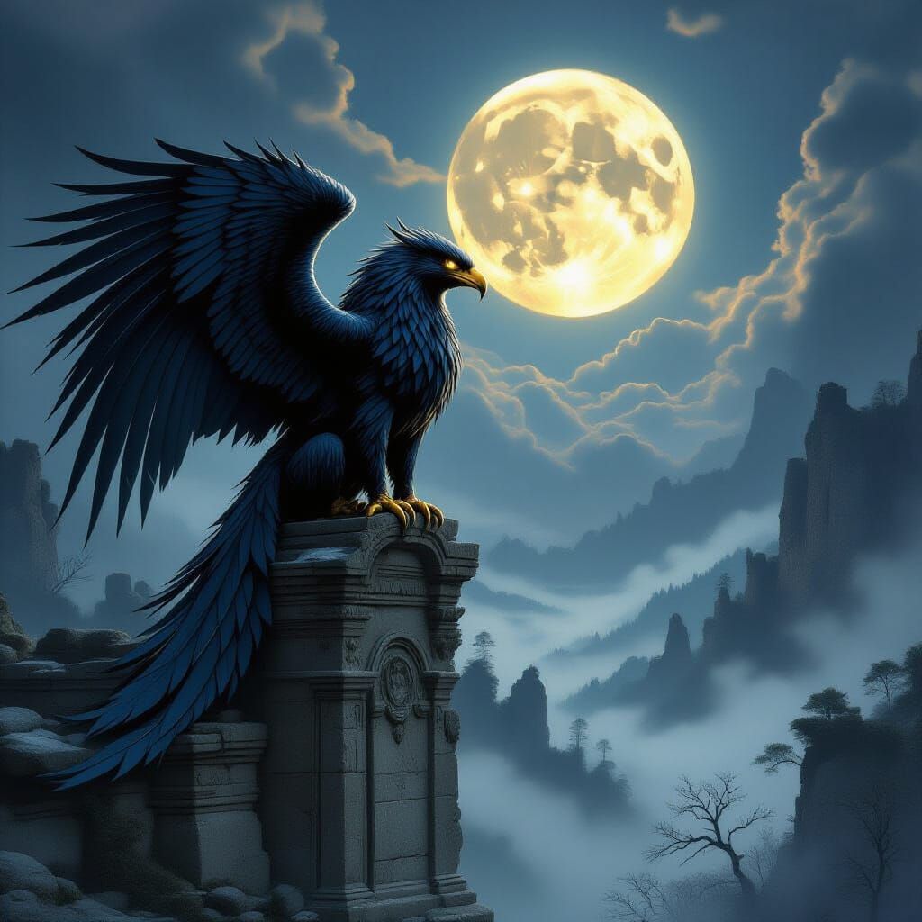 Majestic Griffin on Ancient Ruin Under Double Moon
