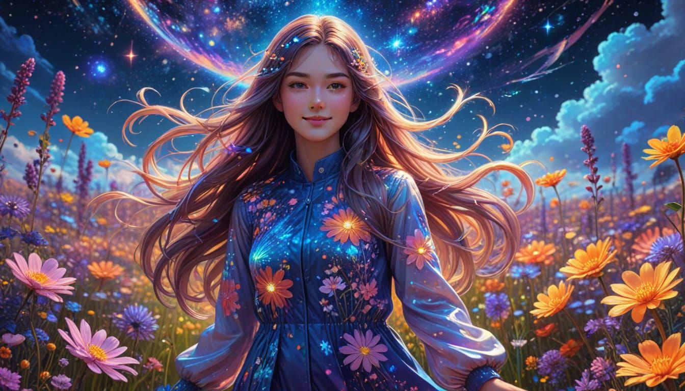 Anime Girl in Pastel Flower Field, Holographic Illustration