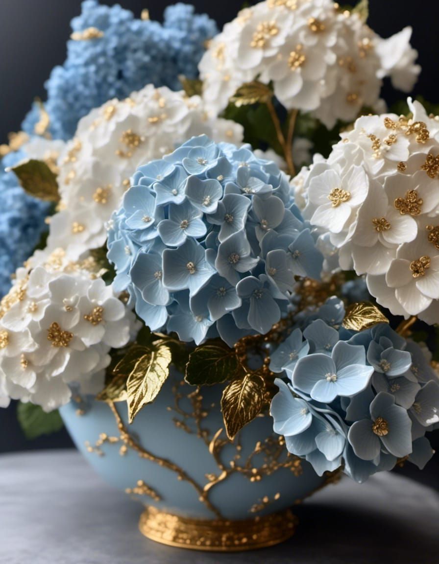 Blue Porcelain Hydrangea with Golden Details