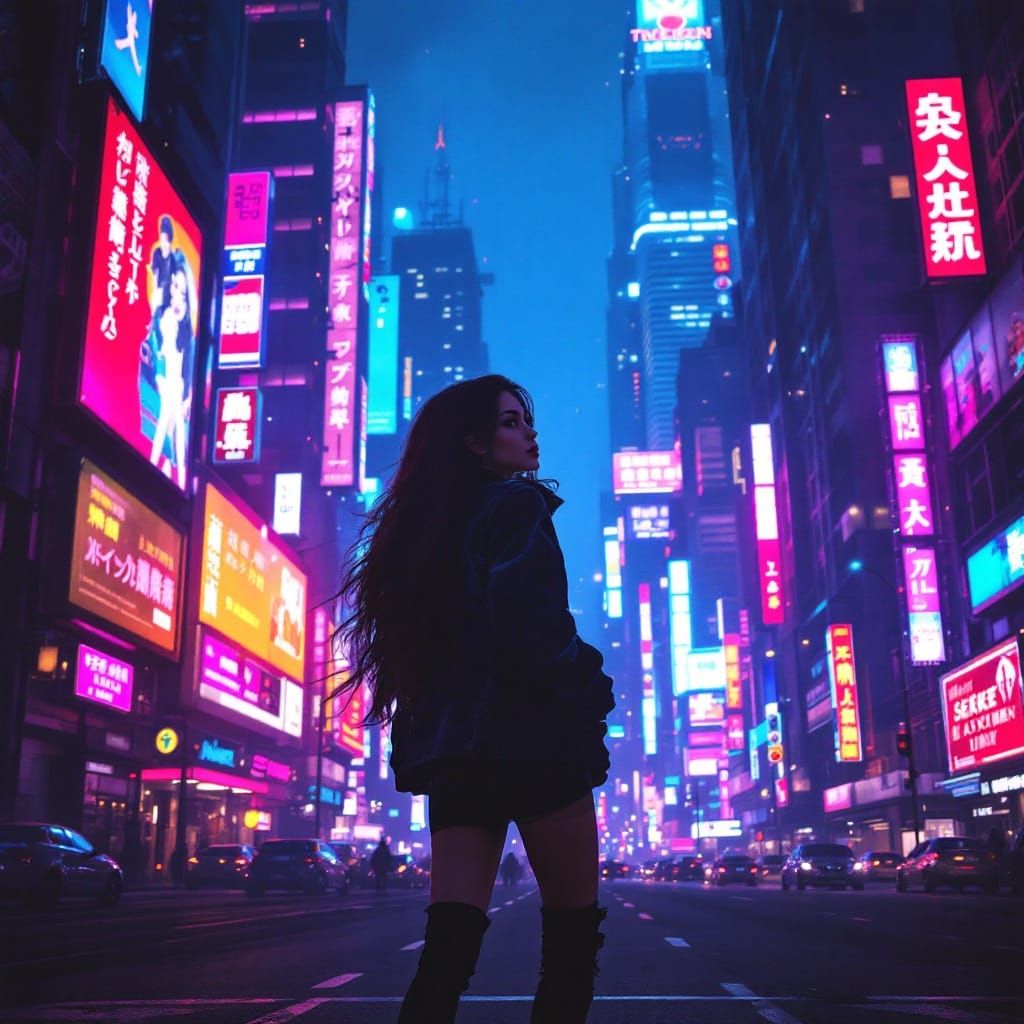 Retro-Futuristic City Goddess Amidst Neon Skyscrapers