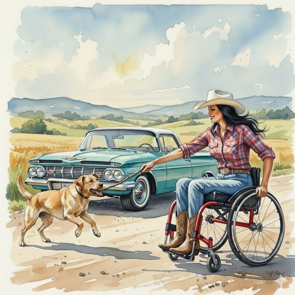 Impressionist Watercolor: Woman, Dog, and Classic Car