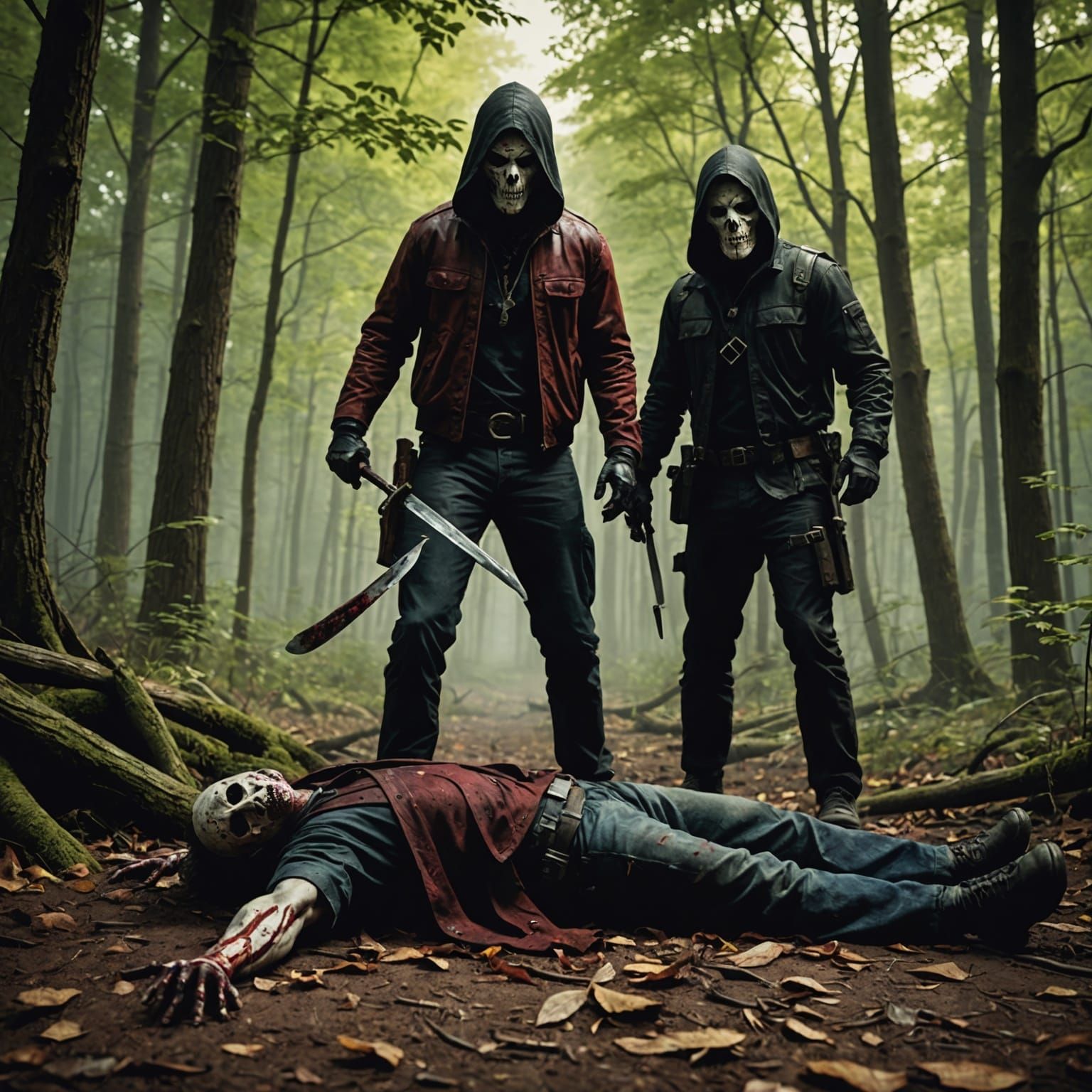 Hyperrealistic Slasher Horror Art in a Wooded Area