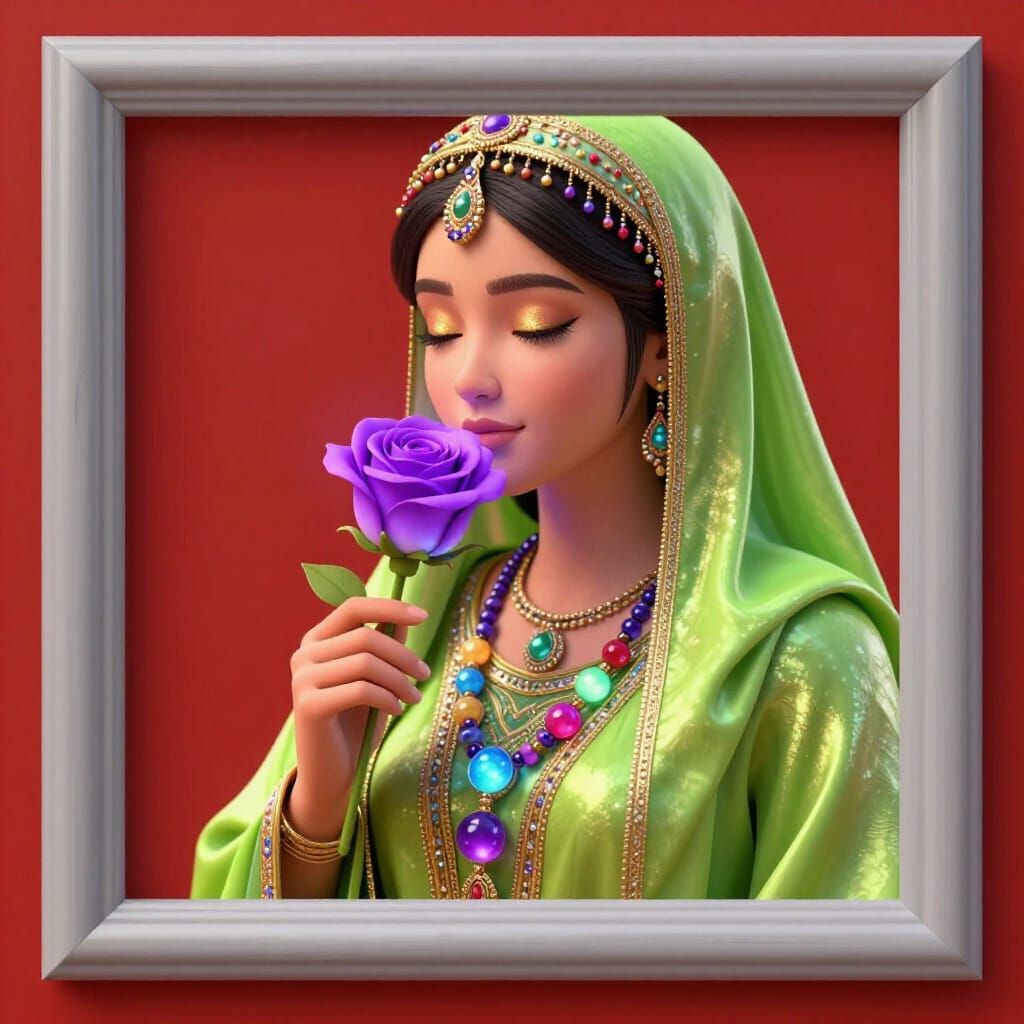 Elegant Bedouin Woman Smelling Luminous Violet Rose