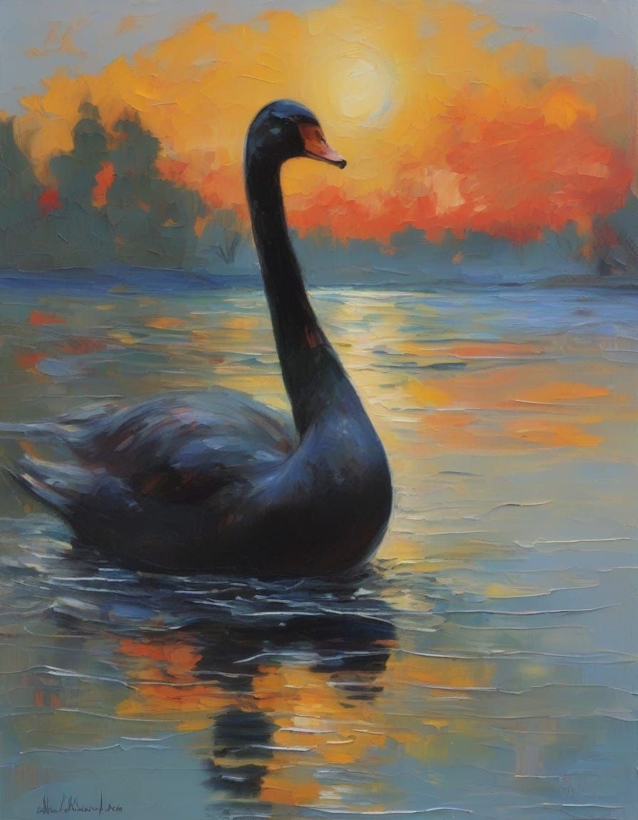 Surreal Black Swan Sculpture on a Moonlit Lake in Obsidian