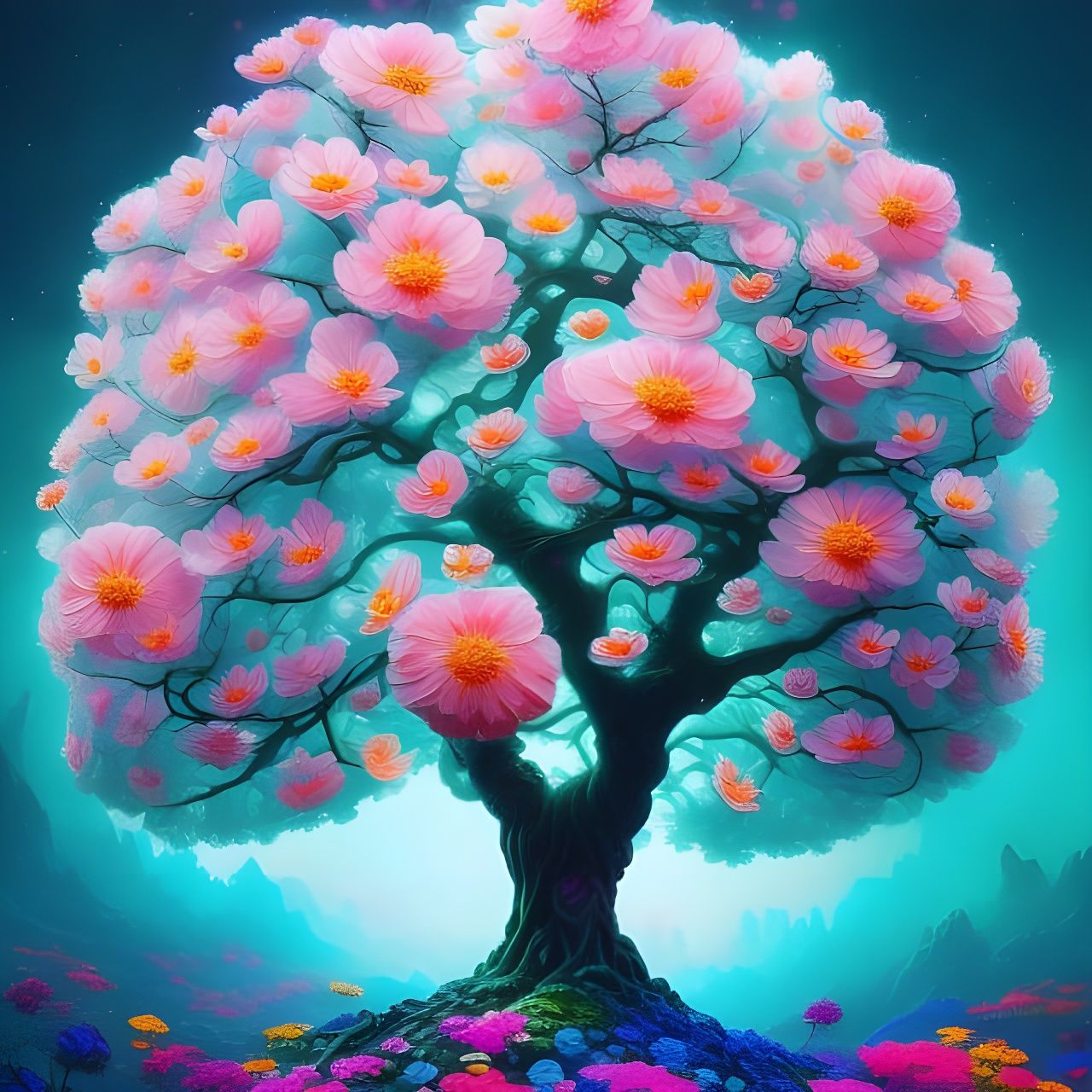 Crystal Ice Tree with Flowers, Digital Art