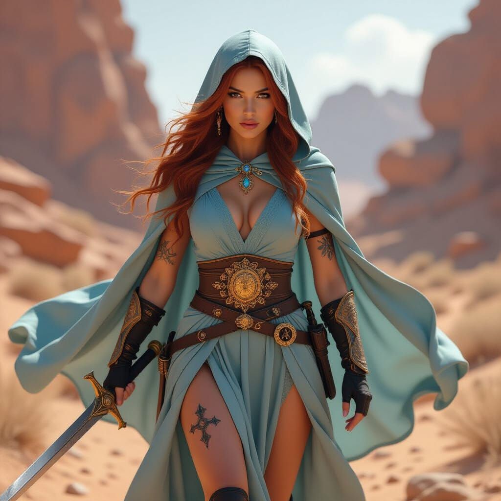 Warrior Woman in Rocky Desert with Red Hair and Blue Cape