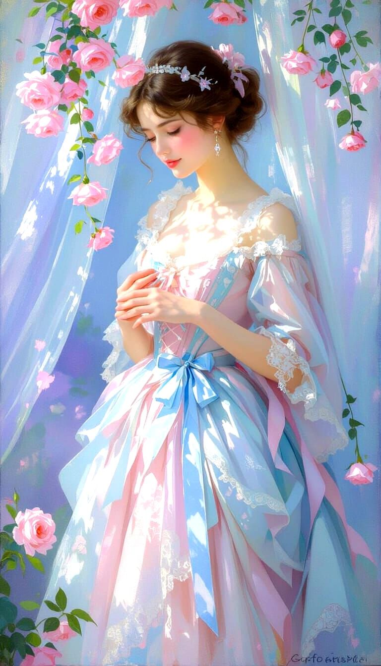 Dreamy Romantic Portrait of Woman in Rose Garden