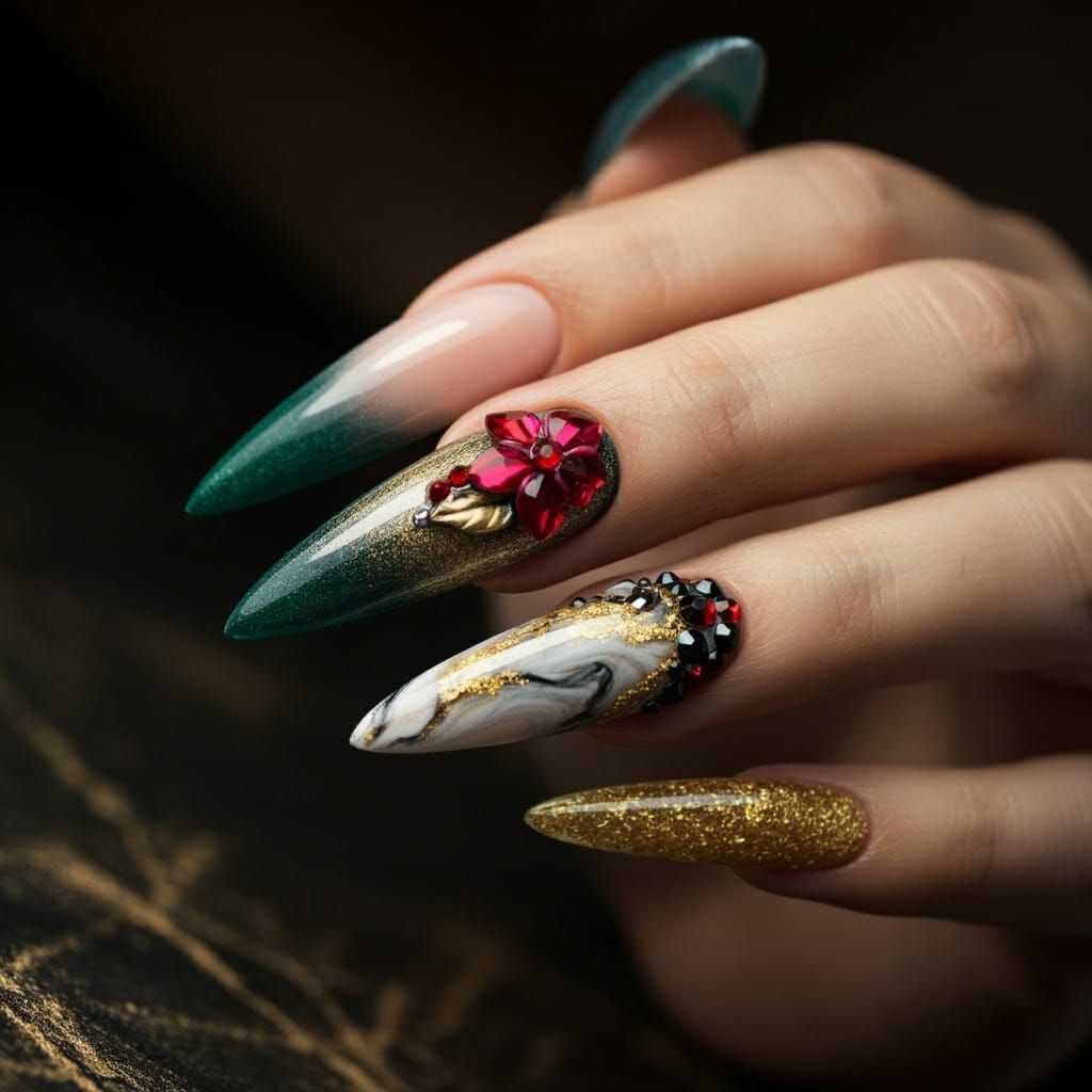 Emerald Gradient Stiletto Nails with Ruby Flowers