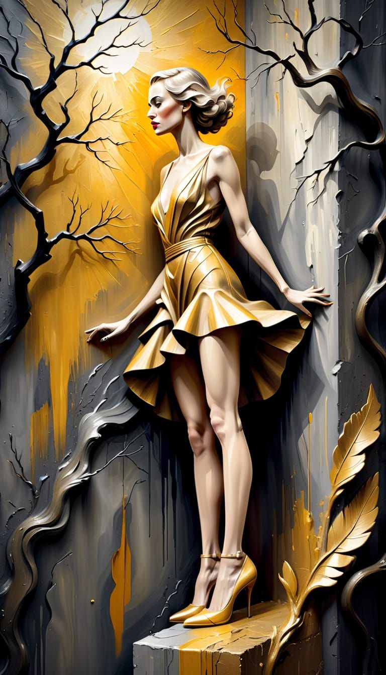 Woman Emerging from Wall in Gritty Oil Painting