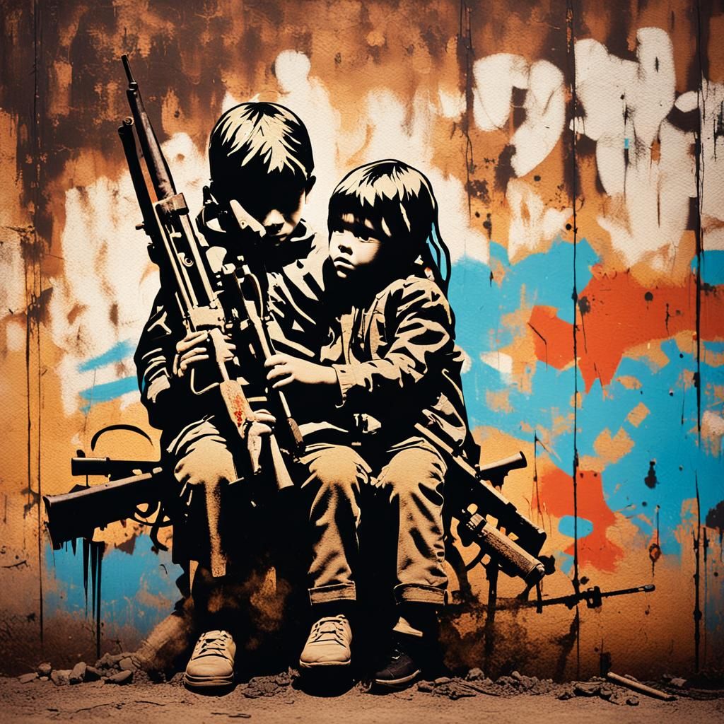 Banksy-Style Street Art: Children Embrace on Weapons