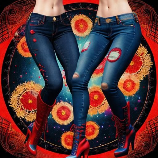 Confetti Jeans with Red Stitched Mandala