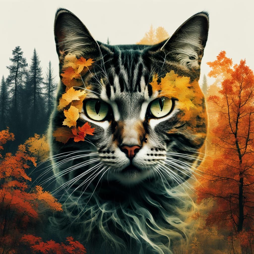 Smoky Cat in Autumn Forest: Double Exposure Art