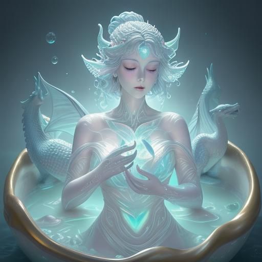 Glass Woman in Milk Bath with Dragon Statue