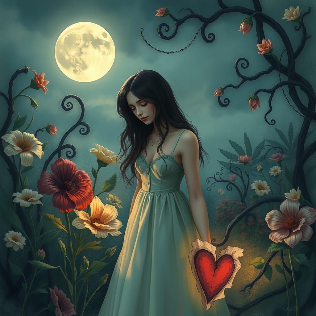 Melancholic Woman Lost in Whimsical Moonlit Garden