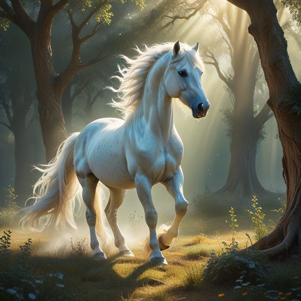 Majestic White Horse in Ethereal Sun-Dappled Clearing