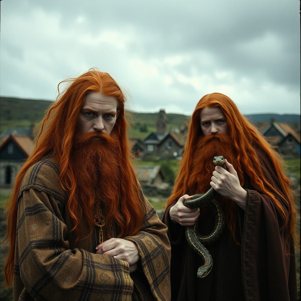 Irish Druid Priests with Snakes in Encaustic Style