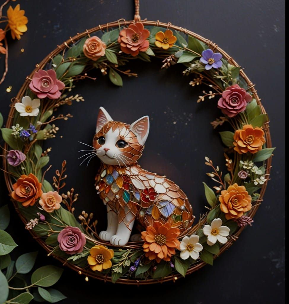 Whimsical Floral Wreath in Stained Glass Style