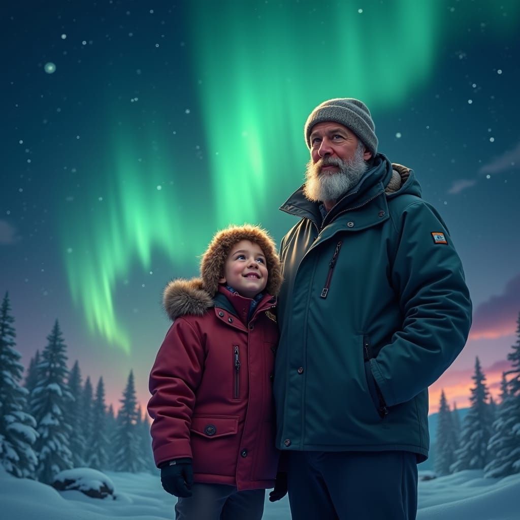 Father and Son Gaze at Aurora Borealis