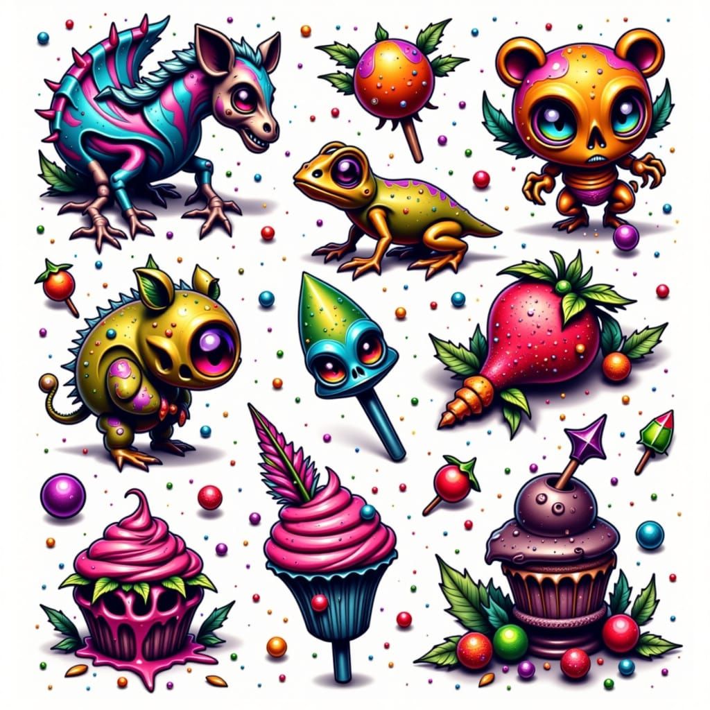 Vibrant Flash Tattoo Sheet with Whimsical Designs