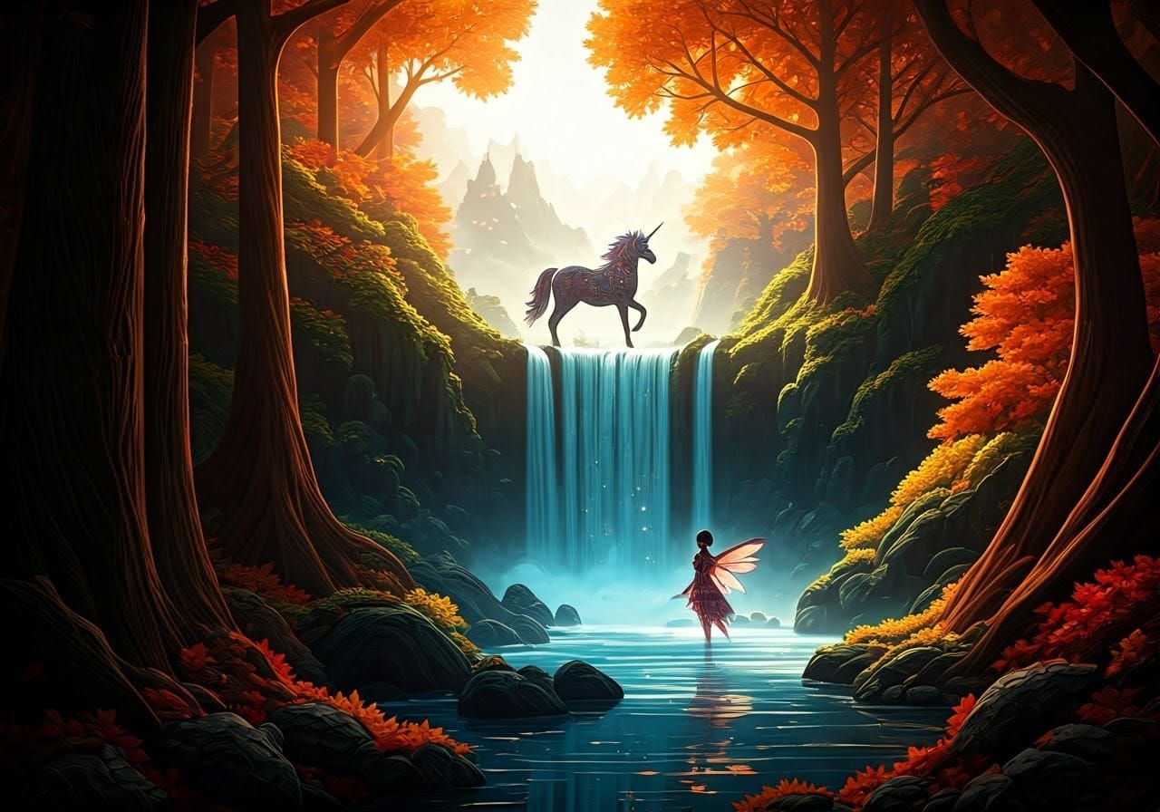 Unicorn and Fairy Waterfall in Abstract Paper Art