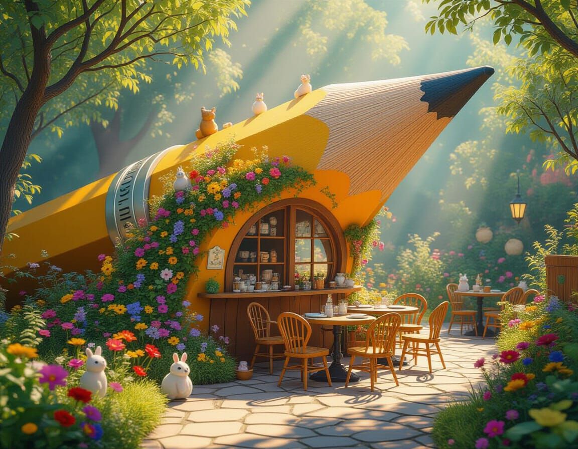 Whimsical Pencil Tip Café with Enchanting Garden