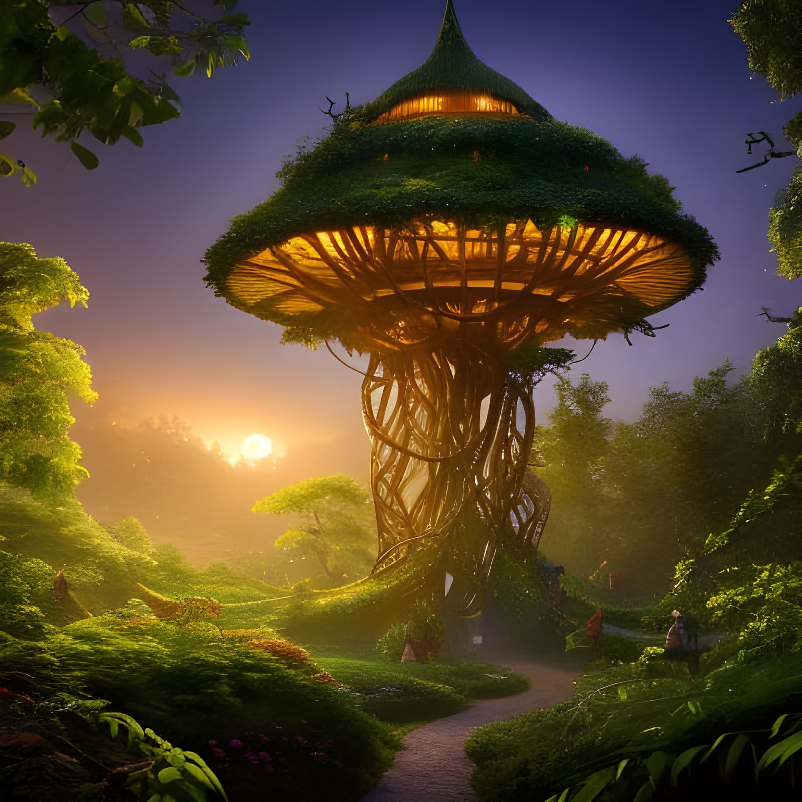 Enchanted Elven Treehouse in Moonlit Forest