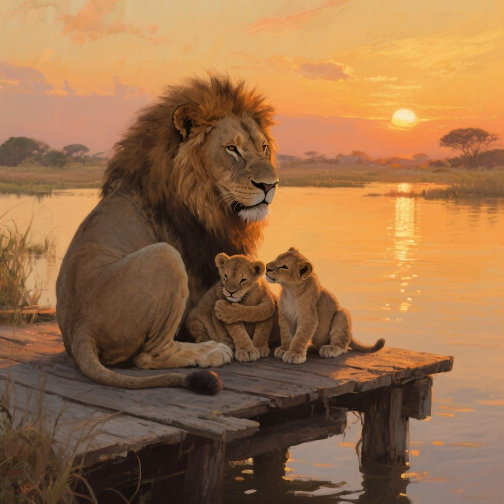 Lion's Sunset Embrace: A Moment of African Care