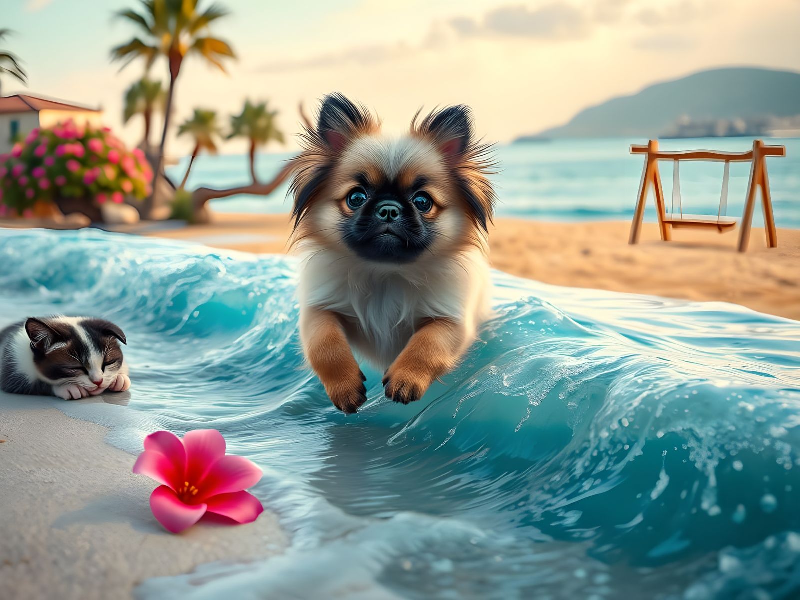 Whimsical Beach Scene with Joyful Pekingese Puppy and Lazy C...