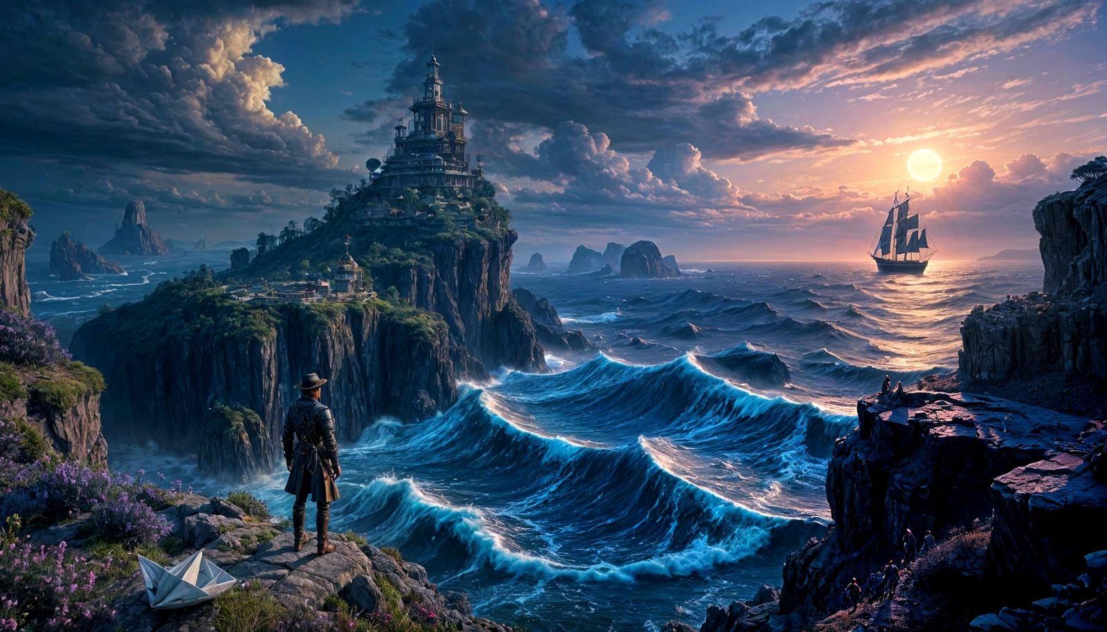 Steampunk Traveler on Paper Ocean Cliff