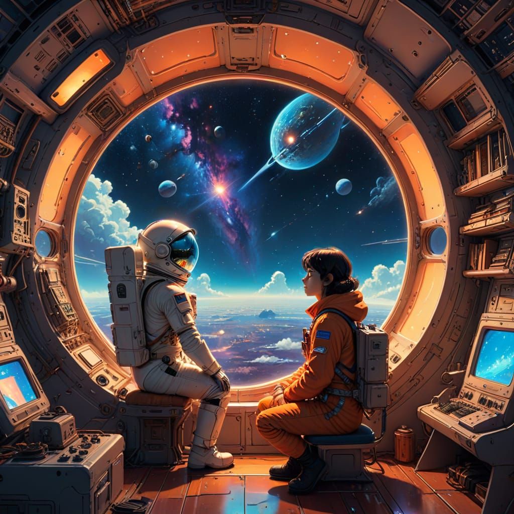 Astronaut Gazes at Galaxy in Retro Spaceship: Whimsical Comi...