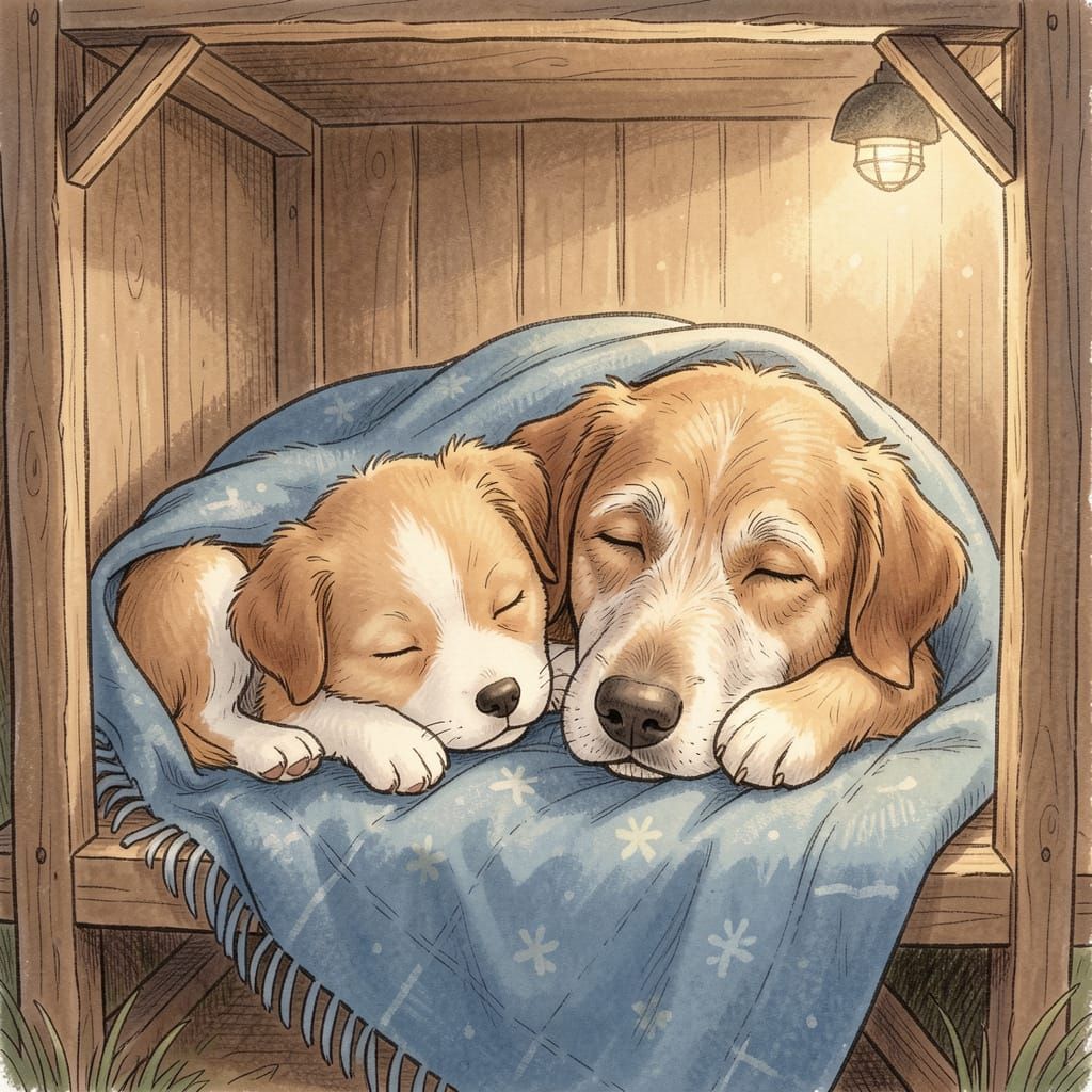 Two Dogs Sleeping Peacefully in a Cozy Kennel