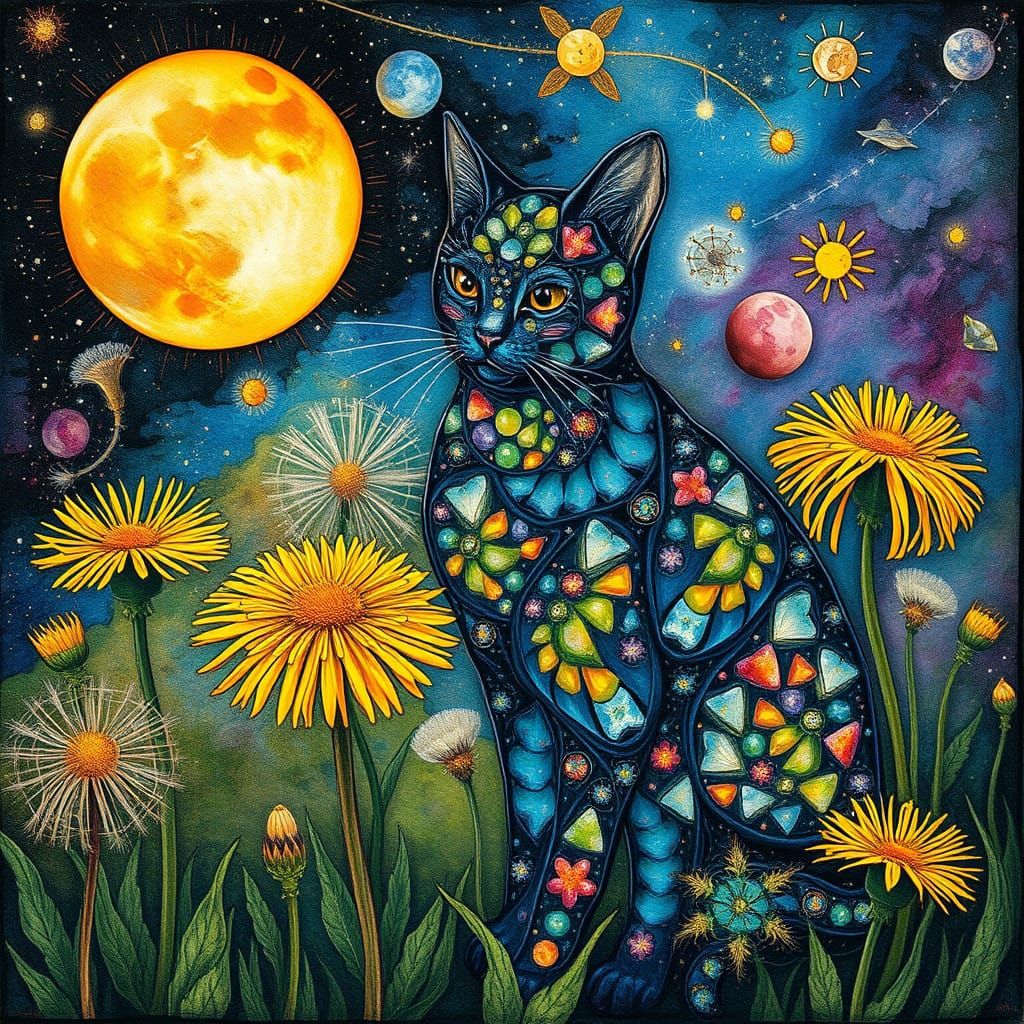 Celestial Dandelions in Iridescent Silk Texture Patchwork