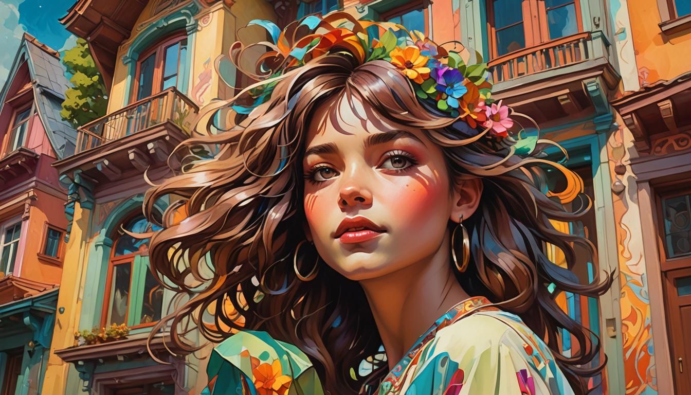 Vibrant Whimsical Girl in a Colorful World