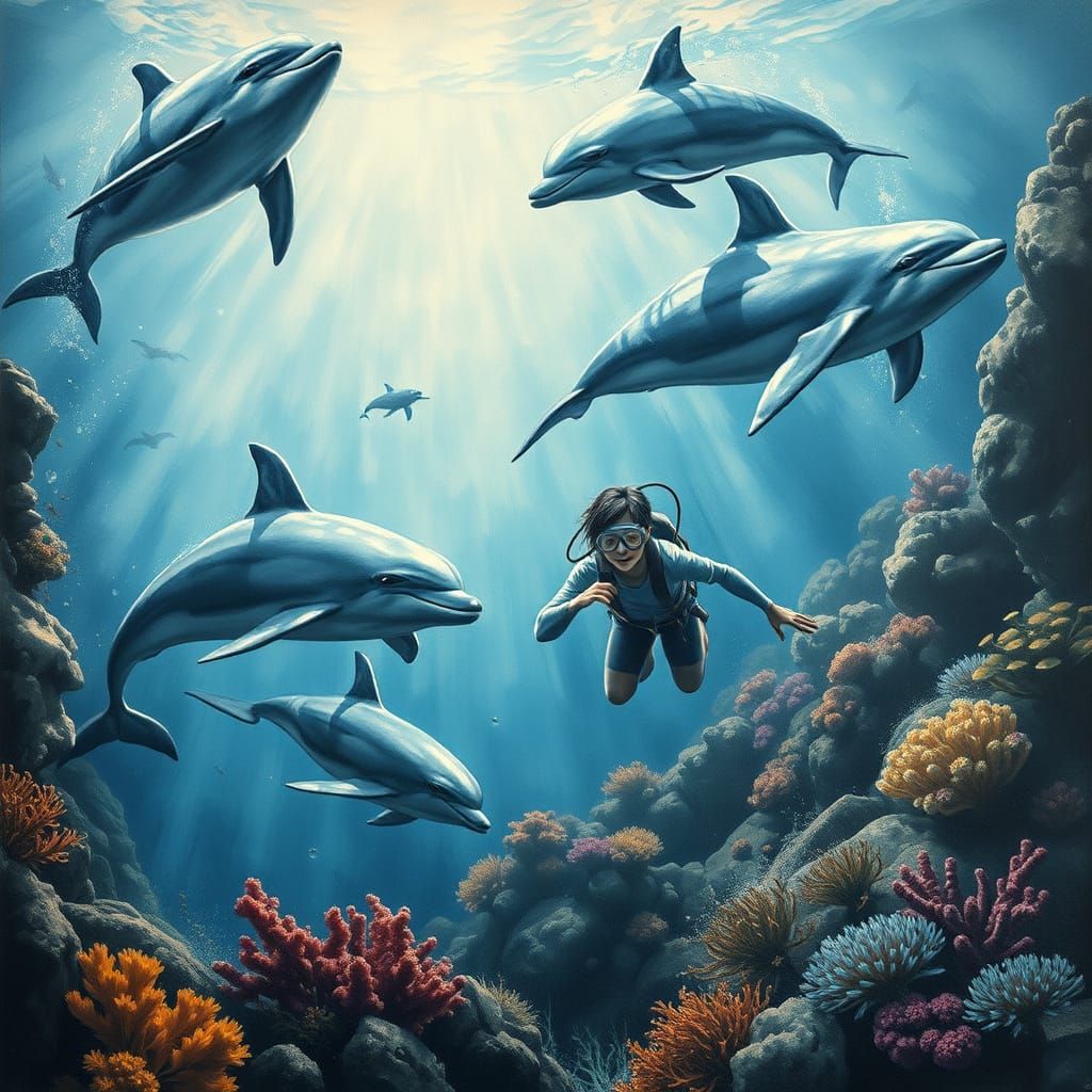 Diver's Serene Encounter with Dolphins and Whale