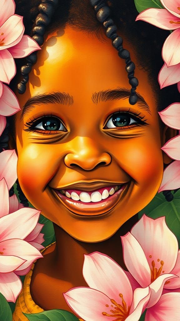 Joyful Girl Portrait with Flowers in Mixed Media Style