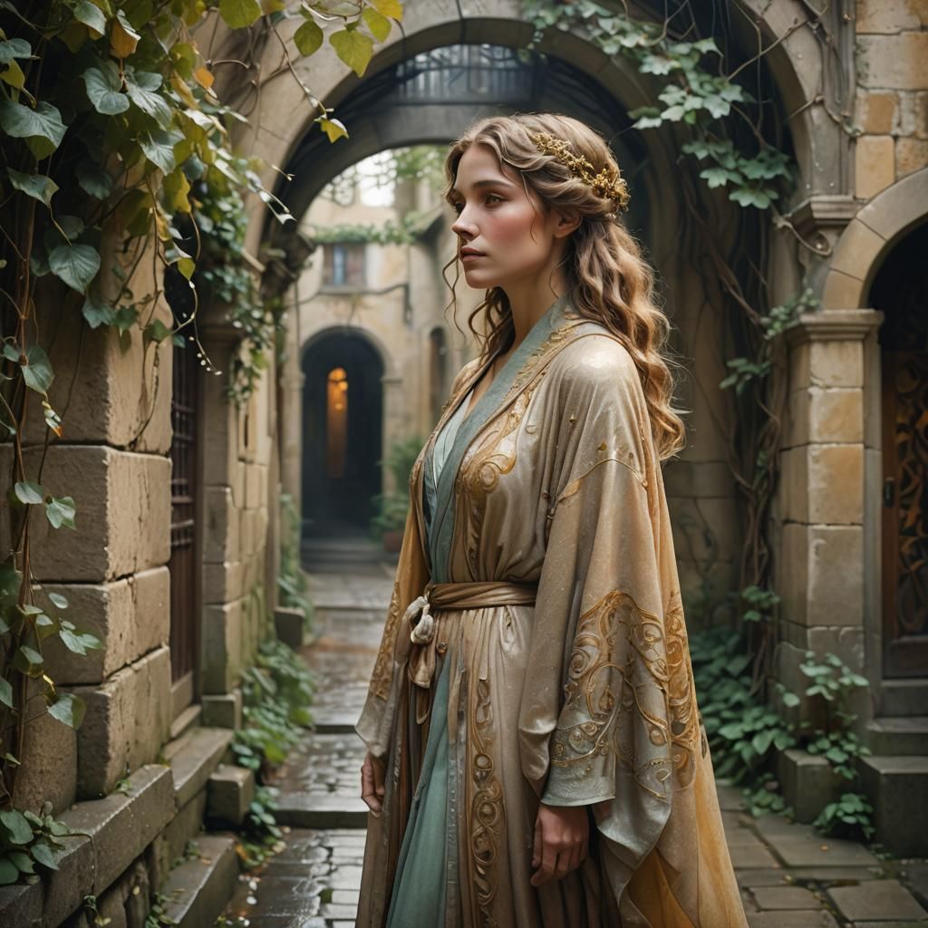 Art Nouveau Woman in Misty Alleyway