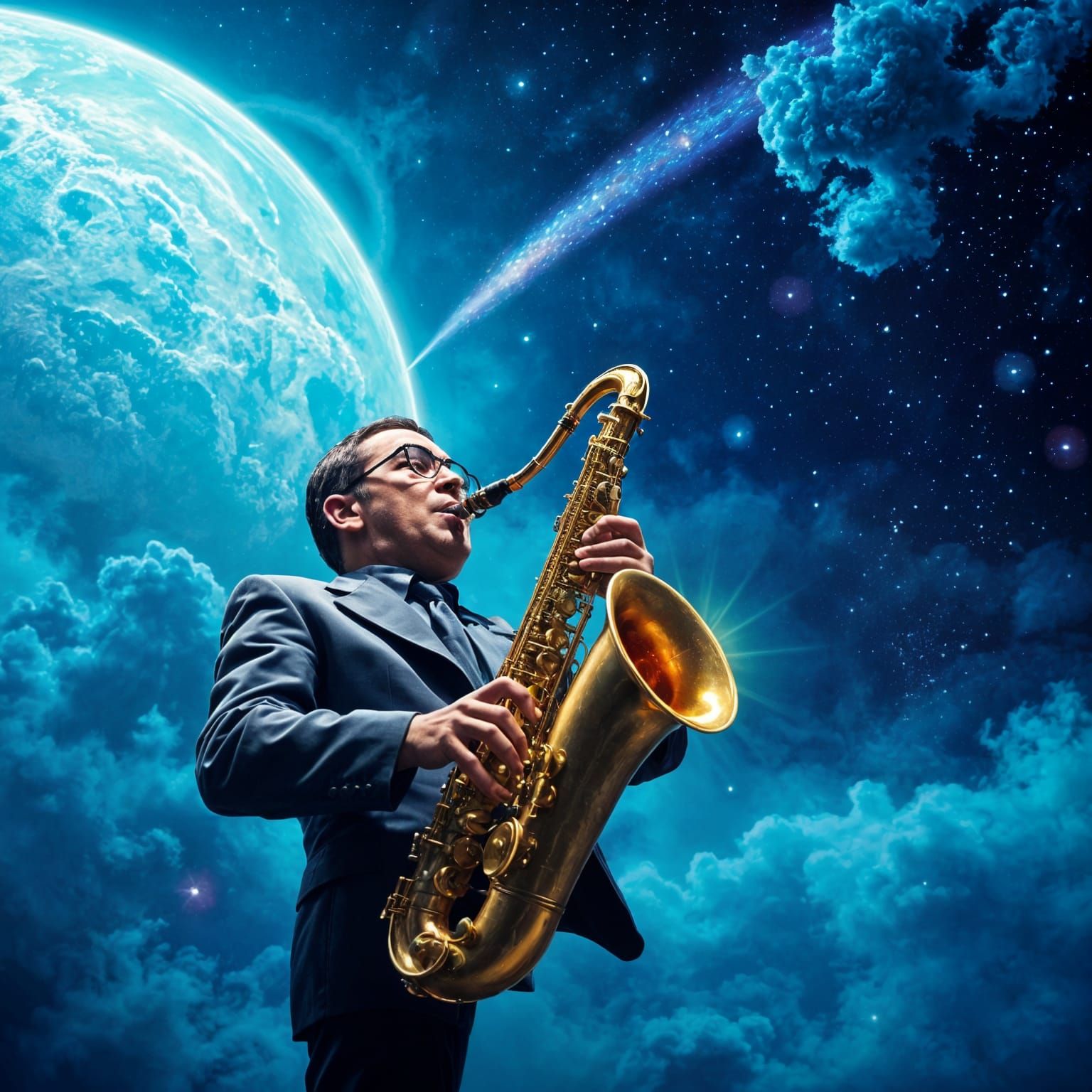 An original blues saxophone player in 1950's styled outfit Blown hard on his sax while free-floating in a vibrant swirl ...