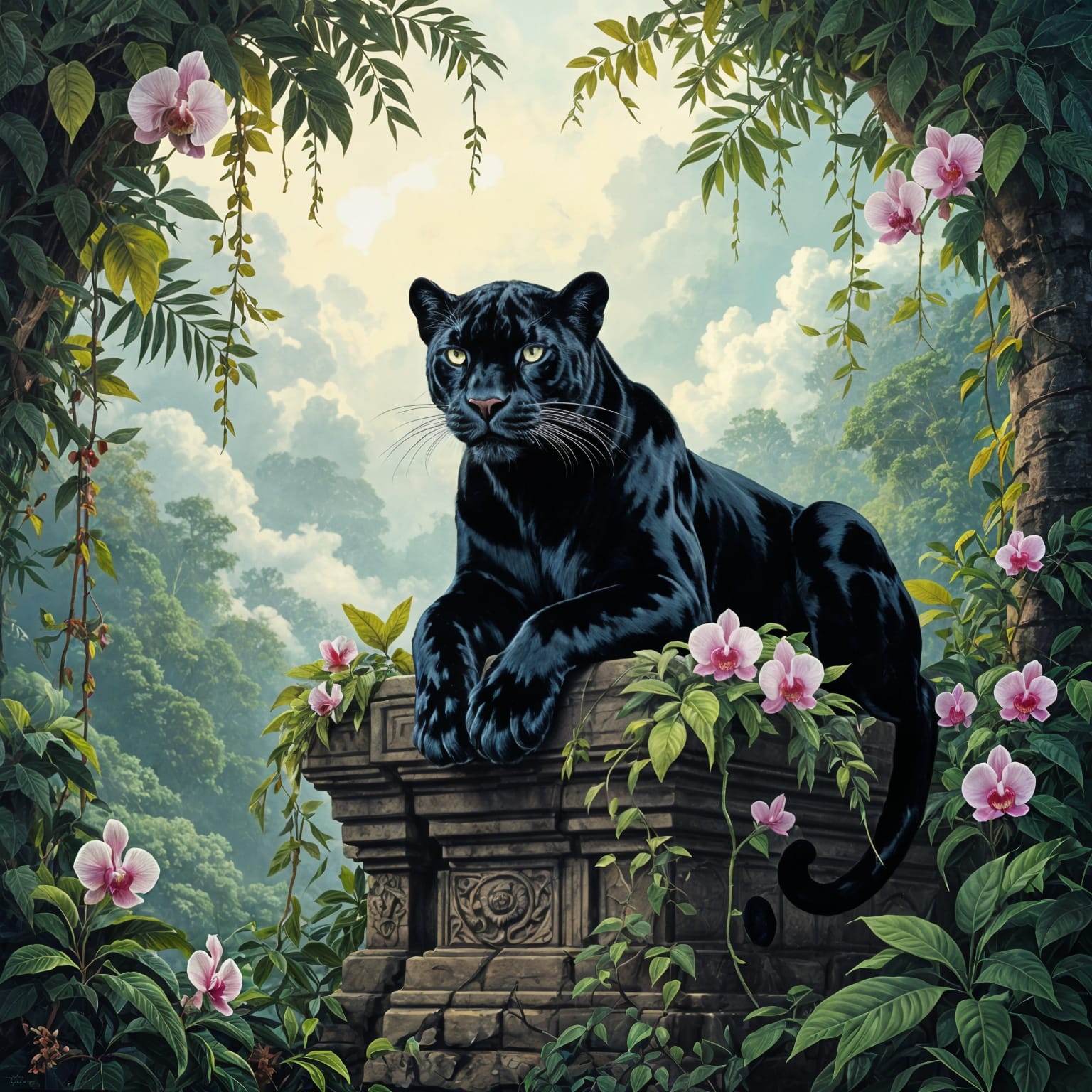 Black Jaguar on Ancient Temple, Rousseau Style