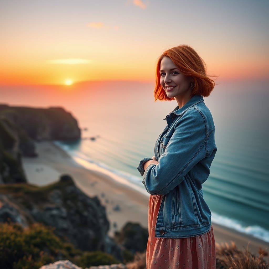 Cliffside Woman at Sunset in Expressive Style