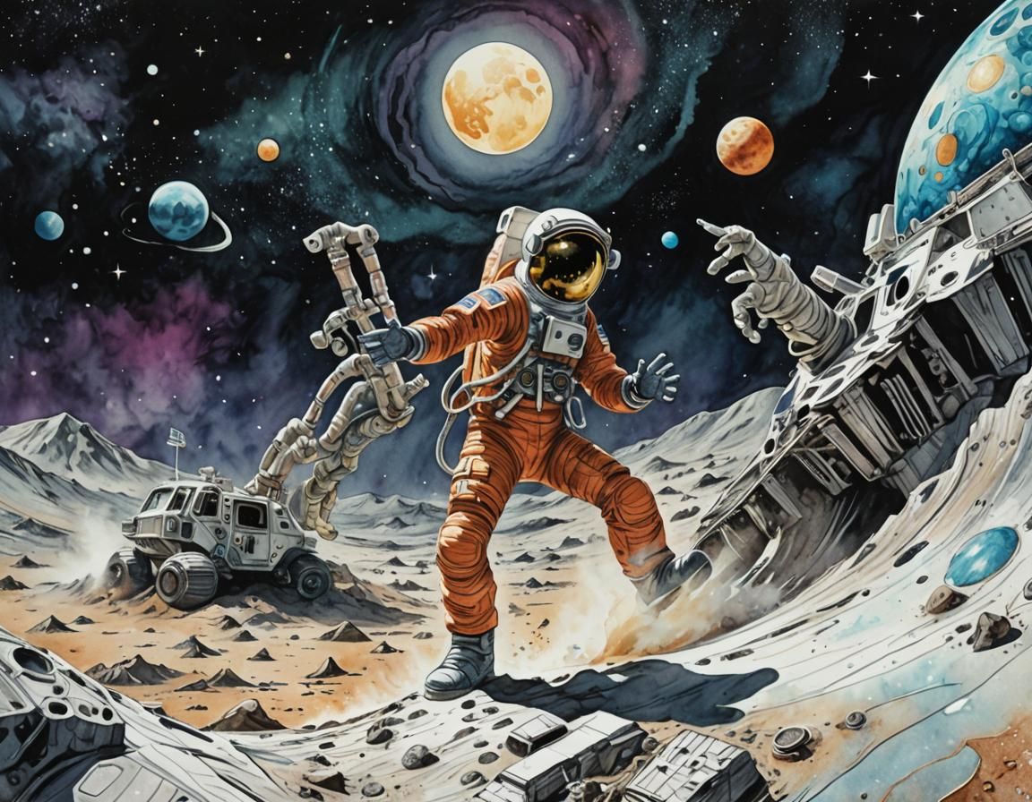 Astronaut and Alien Handshake on the Moon