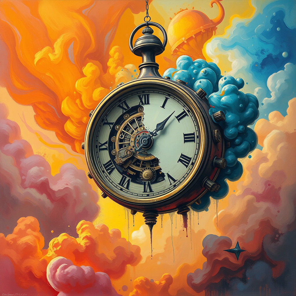 Oversized Clock Plummeting Through Street Art Sky