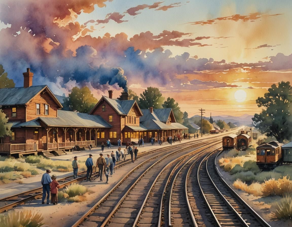 Western Railway Station in Watercolor Painting Style