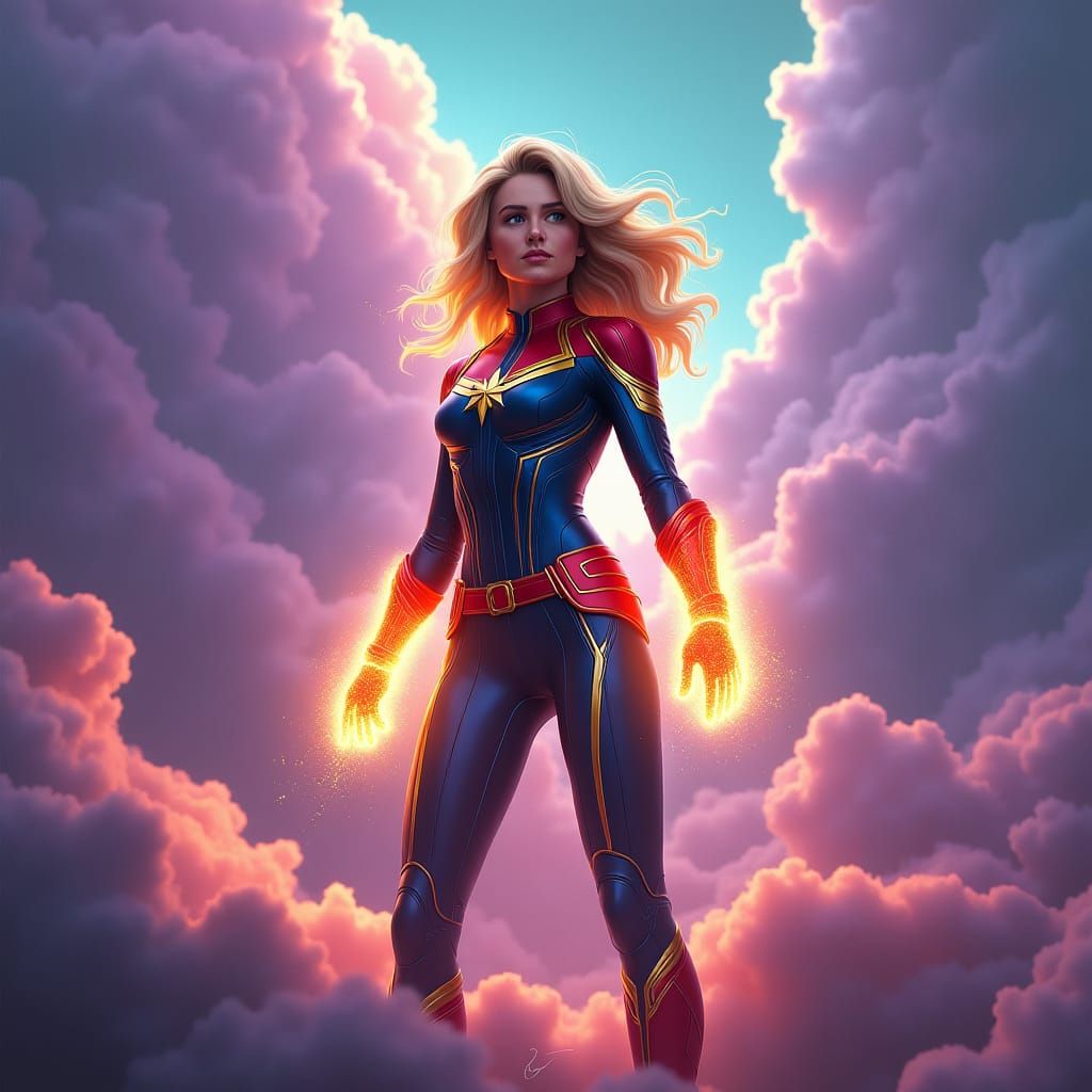 Captain Marvel: Heroic Stance in Alien Landscape