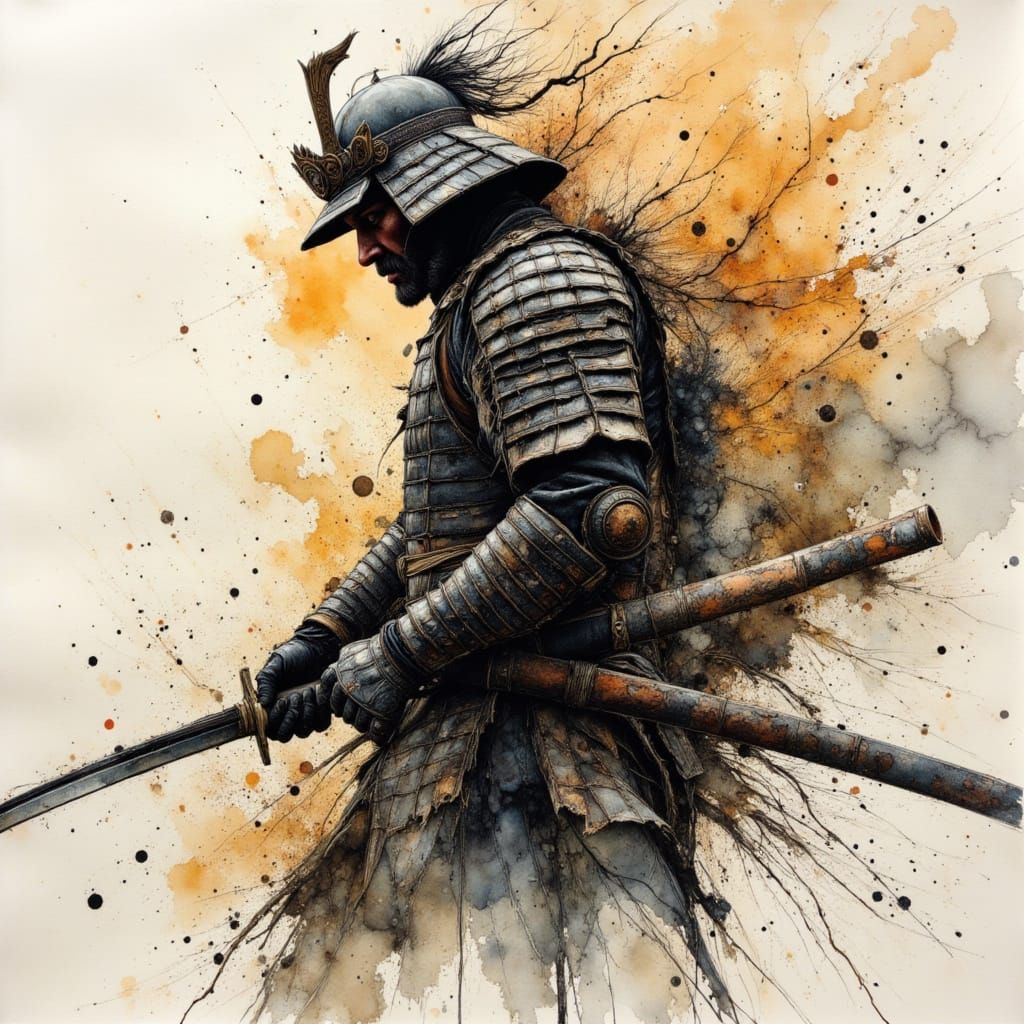 Fierce Samurai Warrior Unsheathing Katana in Dynamic Ink Sty...