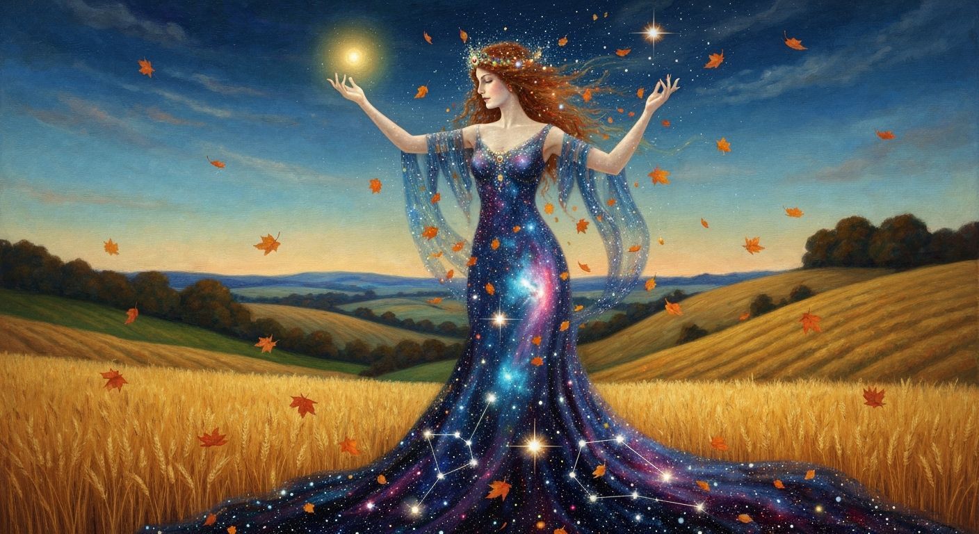 Cosmic Goddess Blesses Autumn Harvest in Pre-Raphaelite Styl...